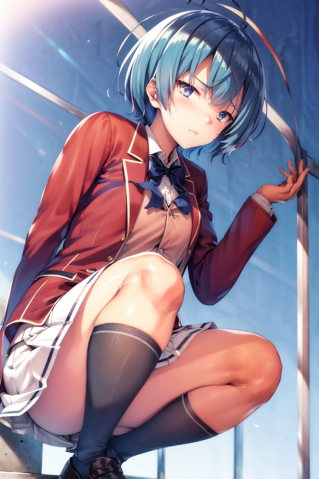 31888-2396648965-masterpiece, best quality, highres, 1girl ibuki mio short hair blue hair, white skirt red jacket open jacket  squatting.png